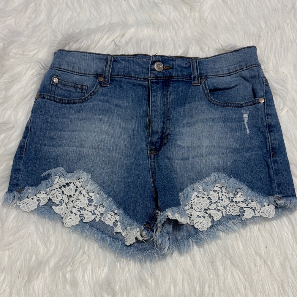 Celebrity Pink Blue Denim Shorts with White Lace Trim